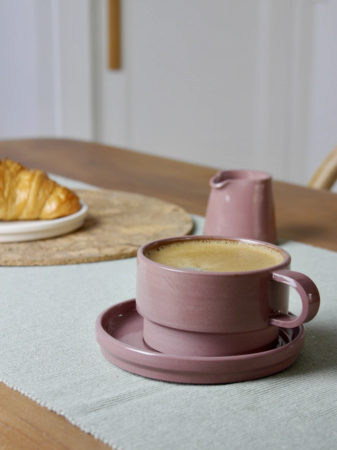 Ceramic Mug And Saucer Coffee Set in damson pink