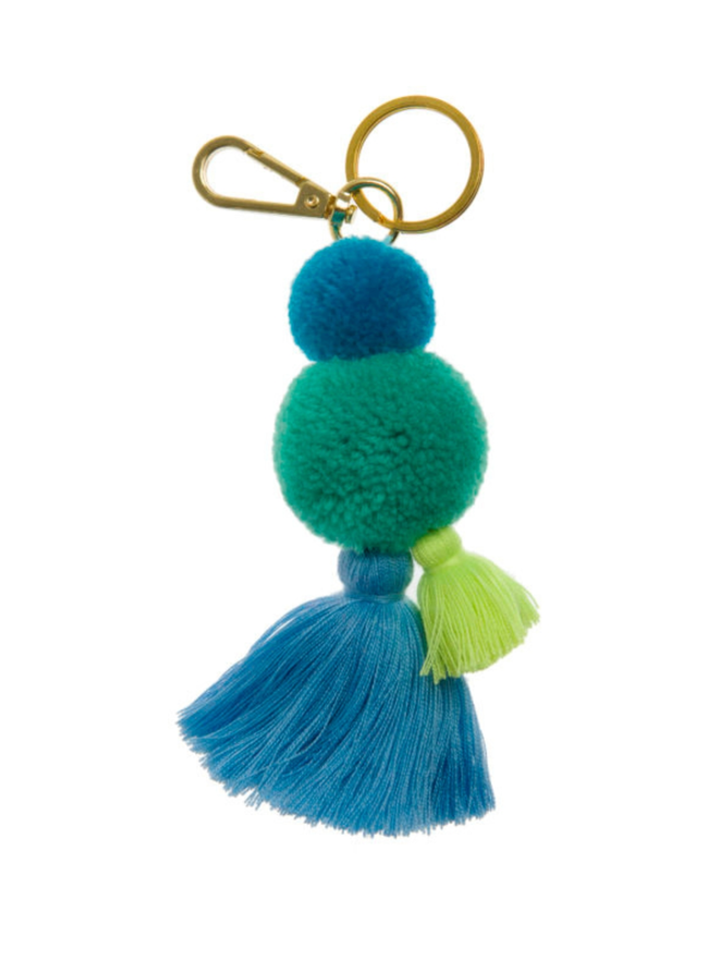 pom pom and tassel keyring. a keyring with blue and green pom poms and tassels. 