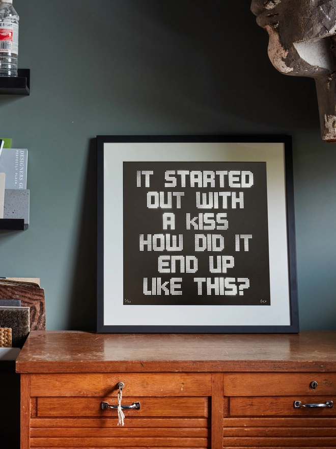 Mr Brightside lyrics on a shelf in a black frame