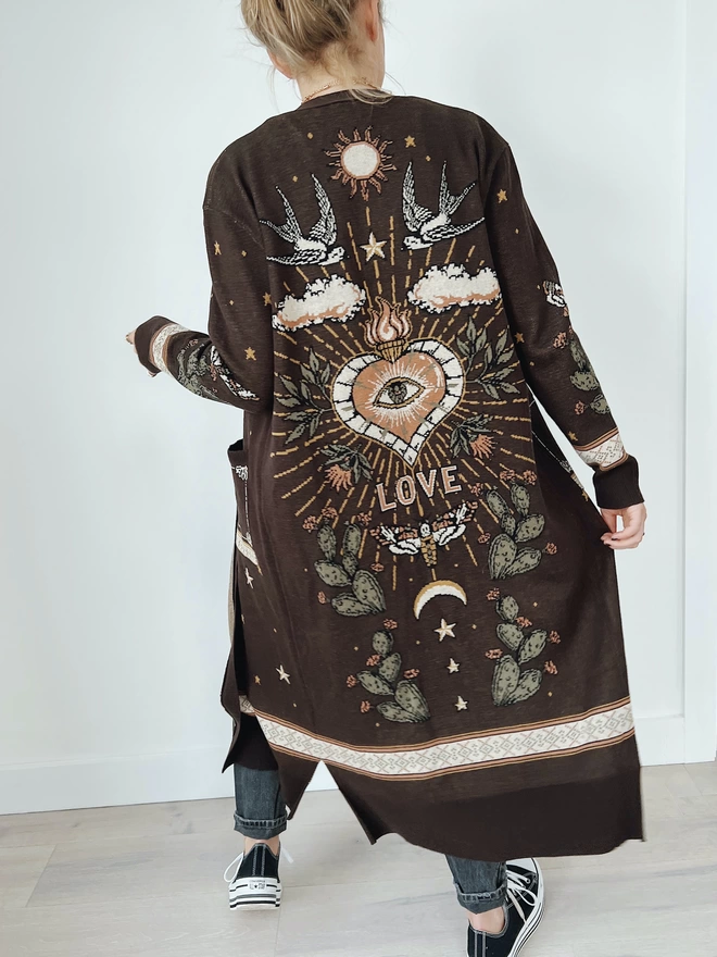 Long dark brown soft knitted cardigan with Mexican inspired design