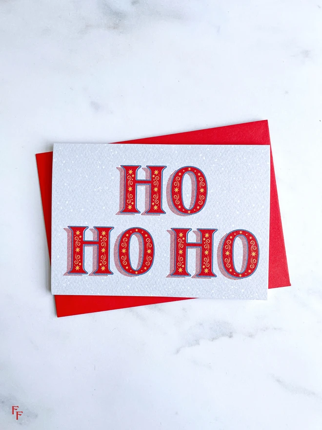 'Ho Ho Ho' charity christmas card, Typography, Lettering, blue and red, vintage aesthetic, flora fricker