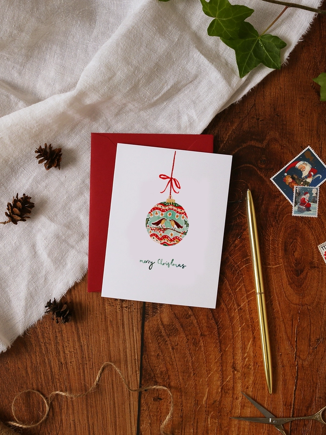 Robin Bauble Mini Christmas Card