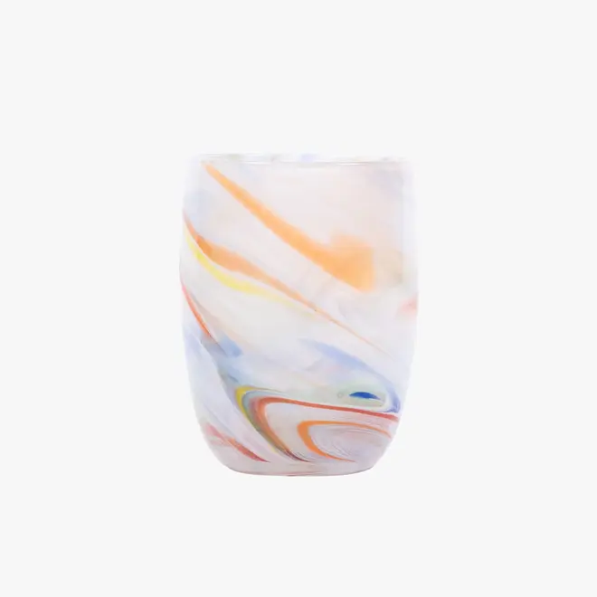 opaque round tumbler glass with multi pastel streaks