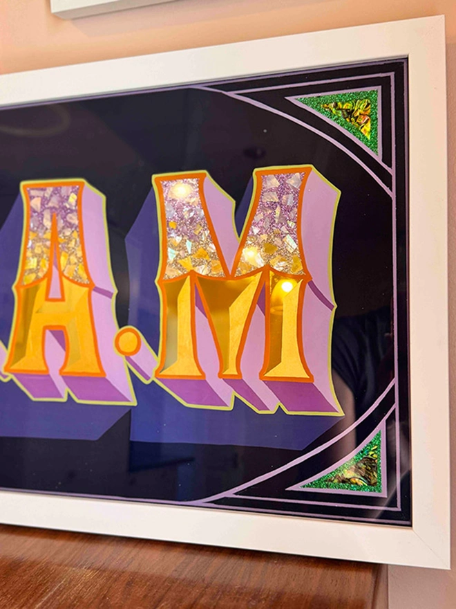 Navy and lilac, gold leaf glass sign hand painted signwriting
