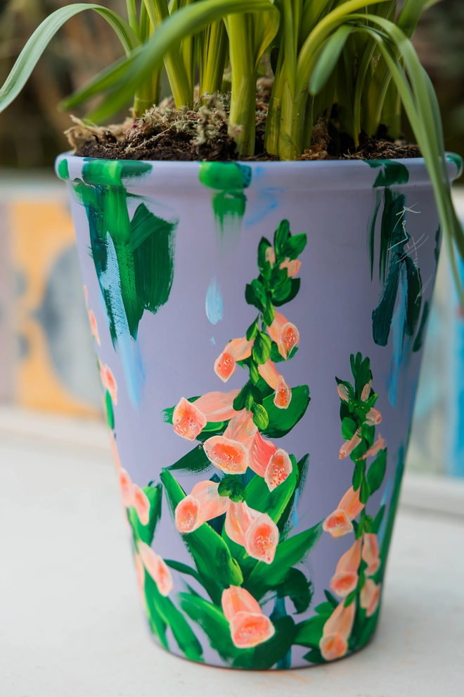 Unique hand-painted terracotta pot featuring apricot foxgloves on a lilic background