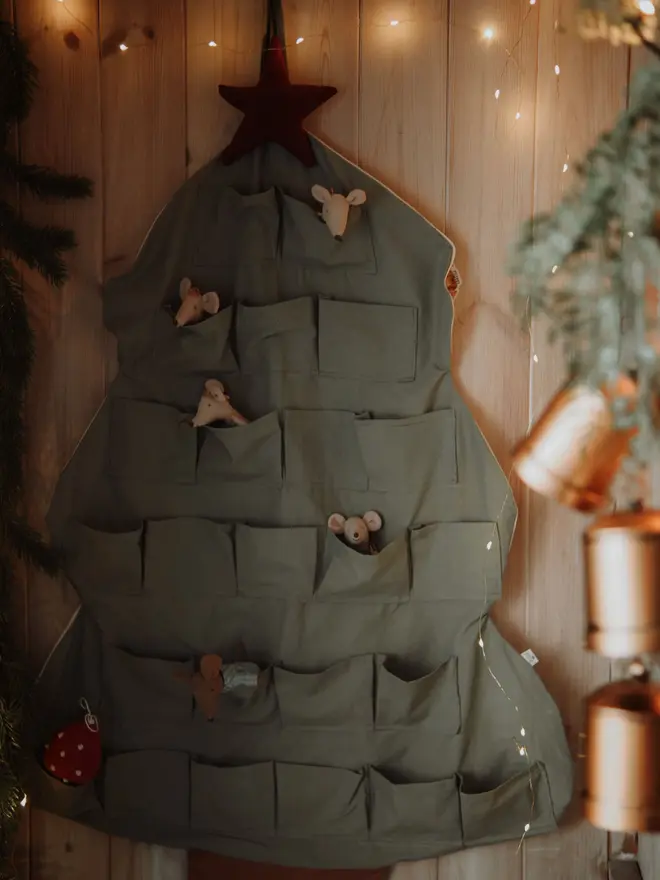 Fabric Christmas tree advent calendar with 24 pockets for children Green advent calendar for festive nursery and kids room decor Handmade Christmas tree wall hanging advent calendar