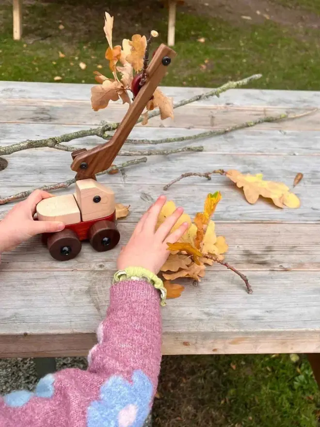 Walnut & Padauk Crane Wood Heirloom Toy, outside. 