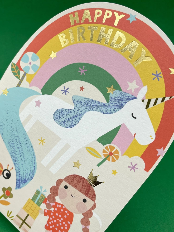 A closer look at the gold foil details on the colourful children’s birthday card