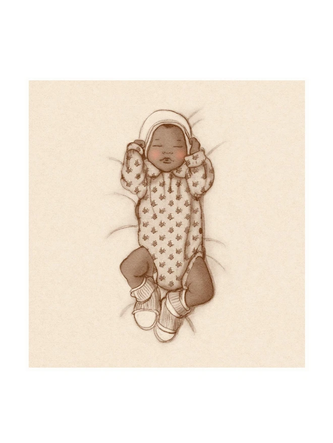 a sepia drawing of a new born baby lying on his back in cute baby clothing drawn in a vintage story book style sepia line work on cream paper with rosy pink cheeks