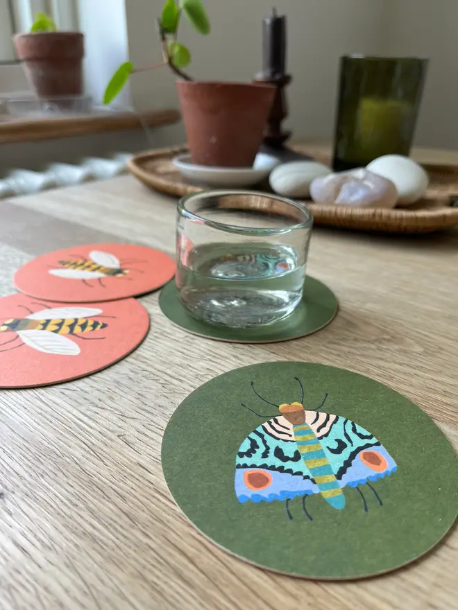 moth bee coaster set