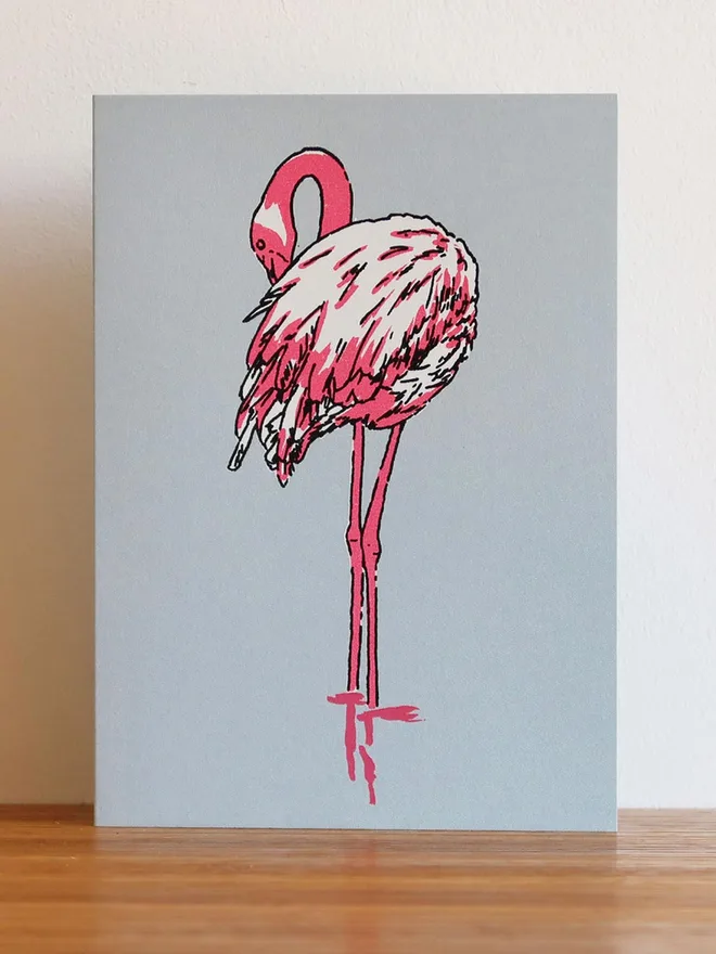 Flamingo hand screen printed greeting card blue