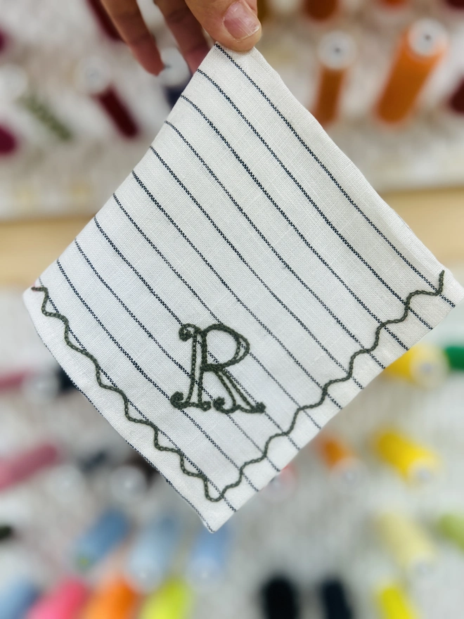 Embroidered Linen Stripe Handkerchief with Monogram Letter
