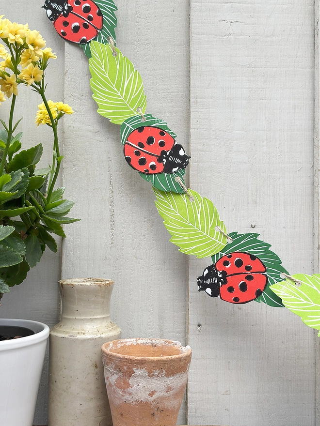 'Lucky Ladybird' Garland Hand Printed Nature Linocut Decor