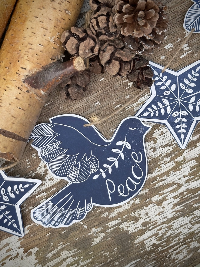 Dove Of Peace Hand Printed Linocut Scandi Style Garland With Folk Art Stars