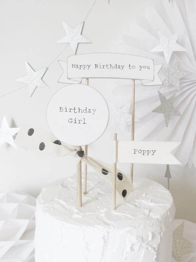 painted wooden banner style birthday cake topper