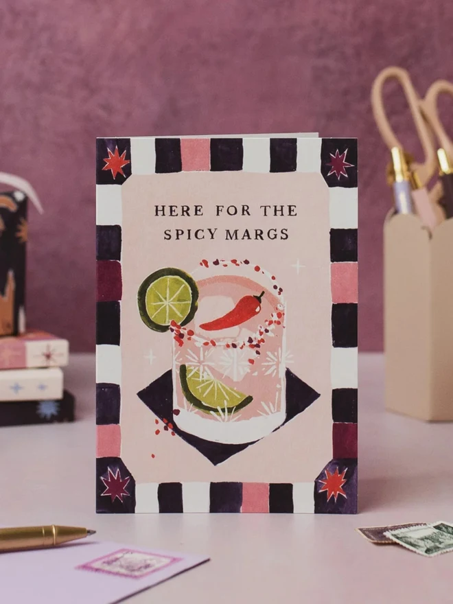 Spicy Margarita Birthday Card standing on a desk