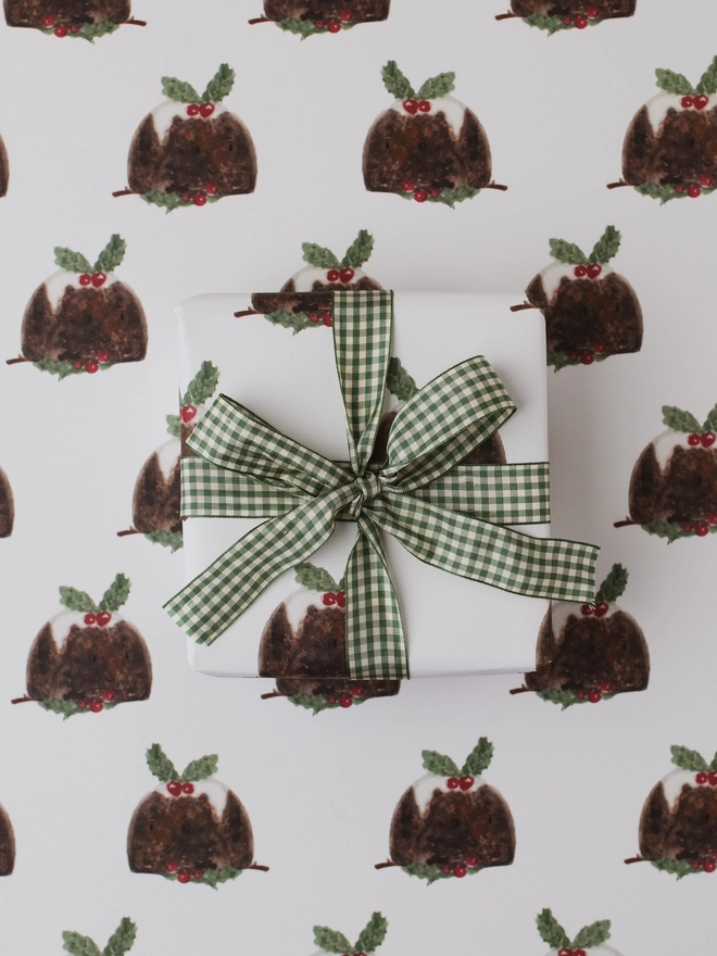 white background illustrated christmas pudding gift wrap