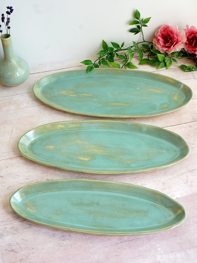 ceramic serving platter, oval platter, serving dish, ceramic serving plate, ceramic serving dish, green serving dish, Jenny hopps Pottery