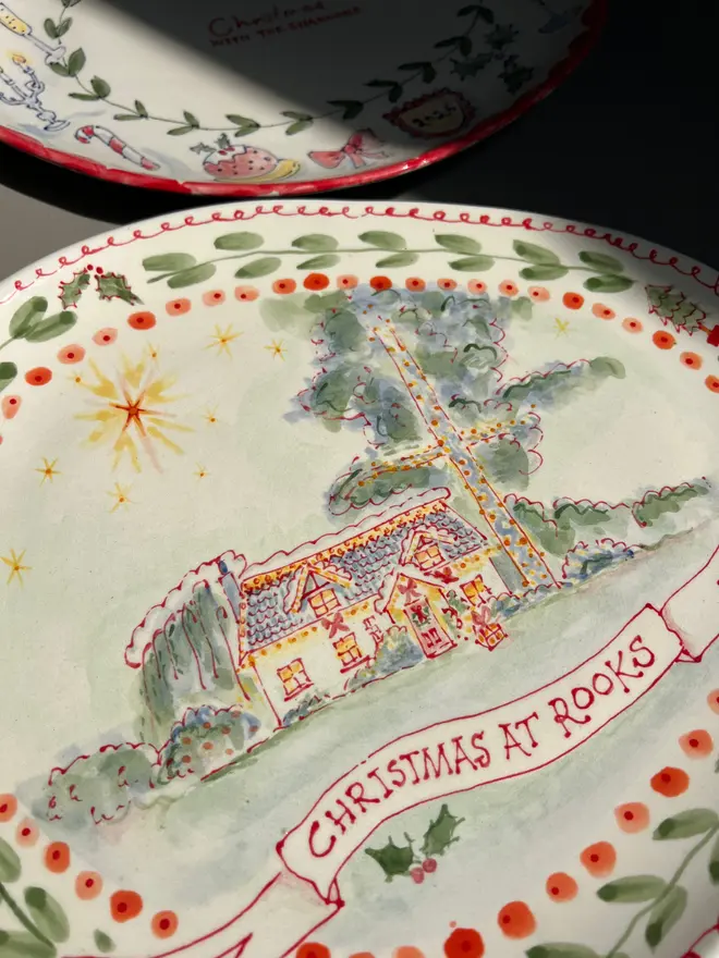 Personalised Christmas House Plate with colours red, yellows, greens 
