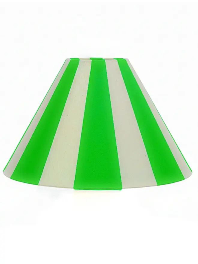 Hand Painted Upcycled Striped Large Drum Lampshade, a neon green striped lampshade sitting against a white background. 