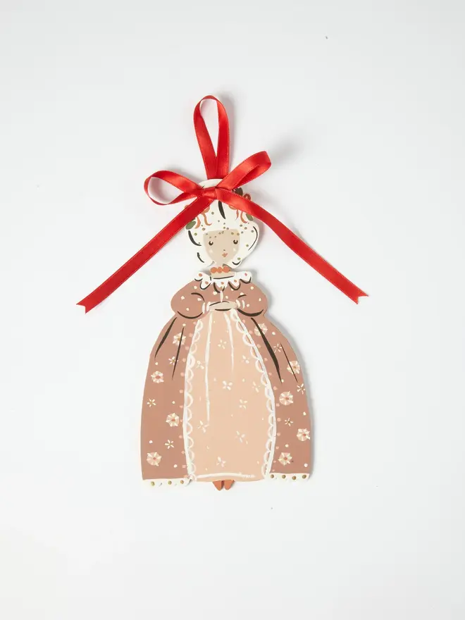 Christmas Princess Tree Dancer. wooden hanging christmas princess decoration with a floral crown, dusky pink floral gown and lace trim, large red ribbon bow, on a white background