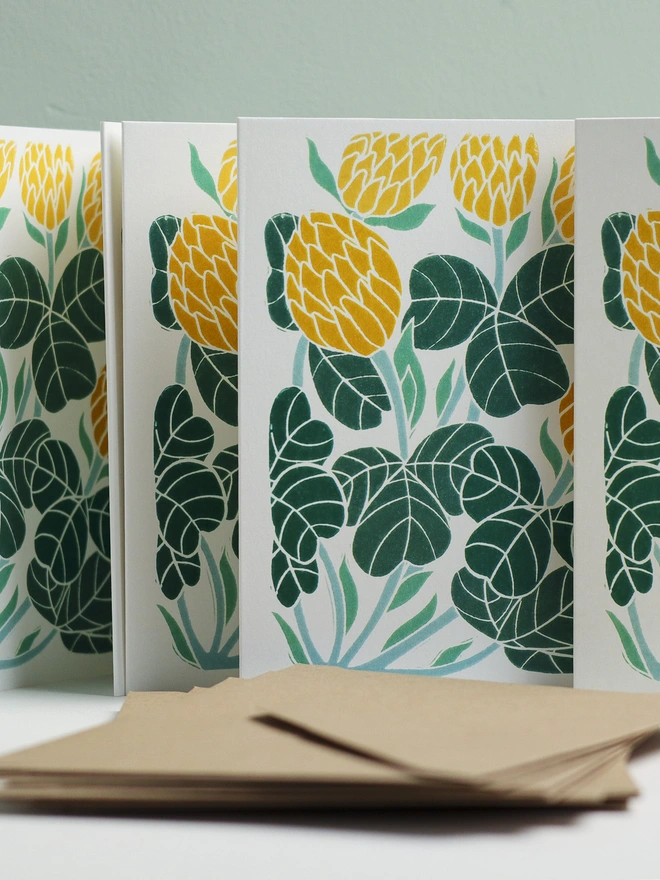 Irish Clover, aka shamrock notecard set with recycled kraft envelopes. Eight A6 hand-carved botanical greeting cards and matching envelopes, eco-friendly stationery perfect for thank you notes and correspondence. British flora design.