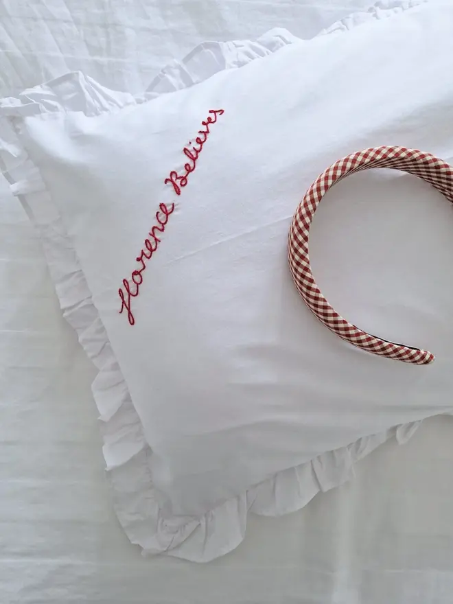 hand embroidered believe christmas pillowcase