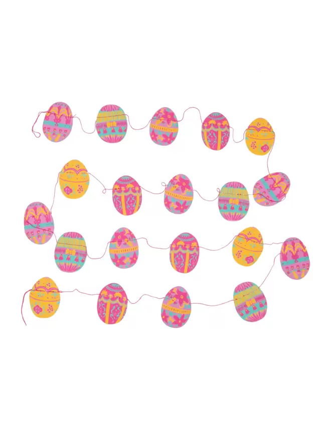 Twenty screen printed pink and yellow paper easter eggs
