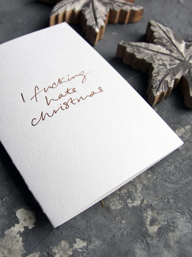 hate christmas white card metallic script