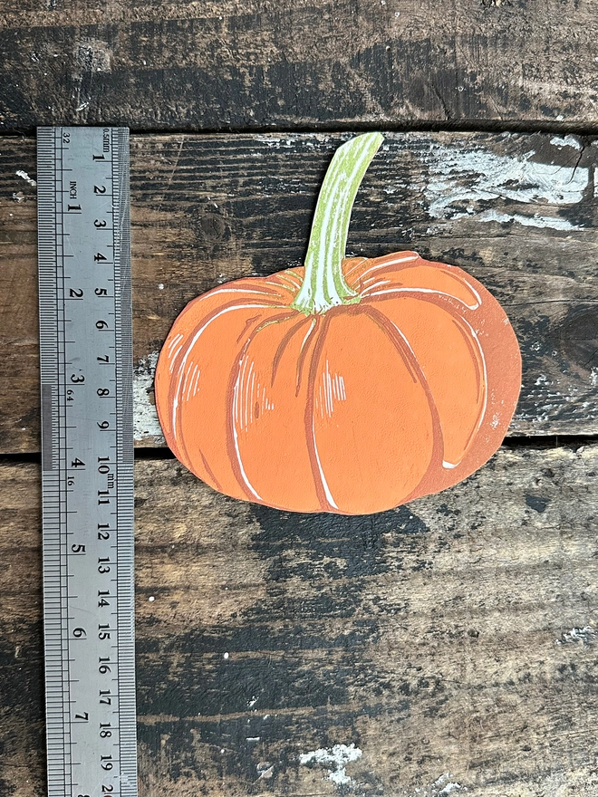 Pumpkin & Autumn Leaves. Hand Printed Linocut Measurement