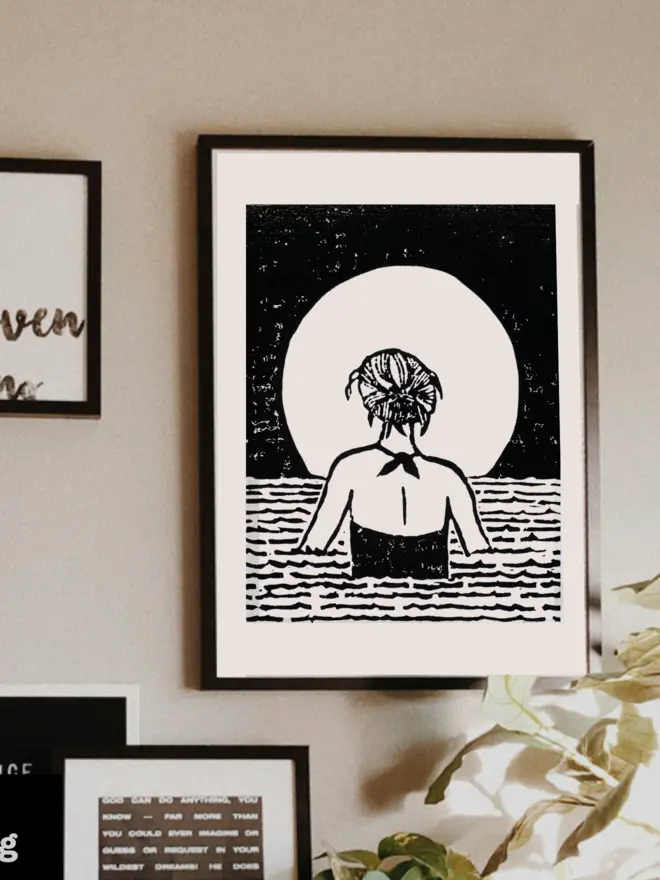 full moon wild swimming linocut print
