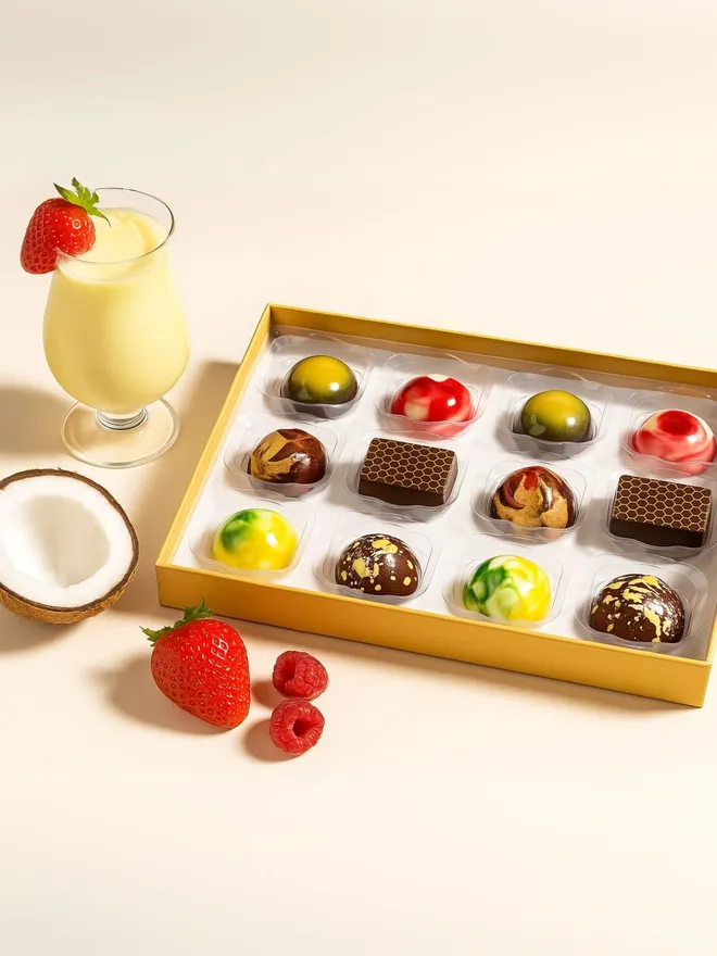 A 12 piece box of luxury chocolates on a beige background with berries, a smoothie, and a coconut