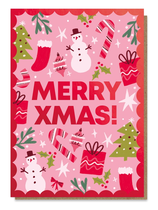 Greeting card with illustrations of snowmen, trees, stockings and candy canes on a pink background.