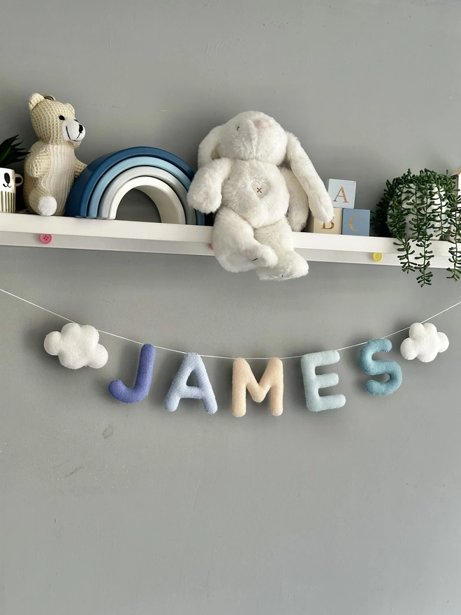 Personalised Name Cloud Star or Heart Garland, a colourful name garland hanging in a child’s bedroom,baby gift,nursery decoration, bunting 