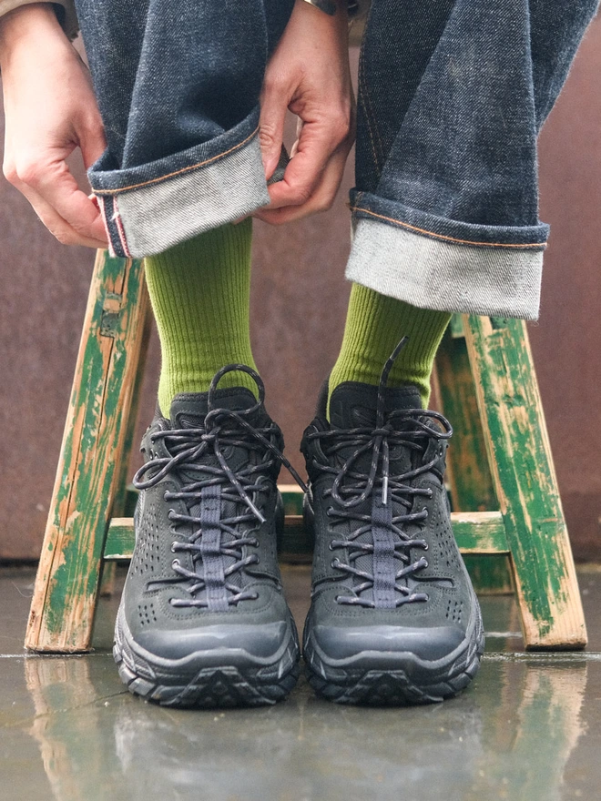Green organic fine rib socks 