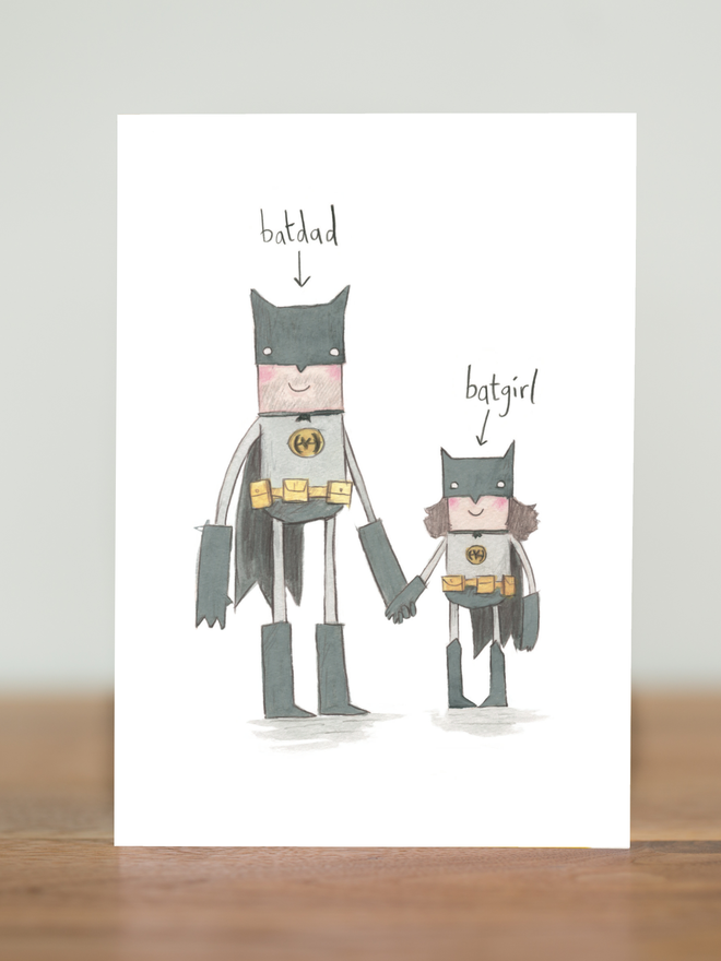 superhero fathers day card with a dad and daughter team. A great card for a birthday with a super cute hand drawn style. Funny cards designed for men by The Grey Earl