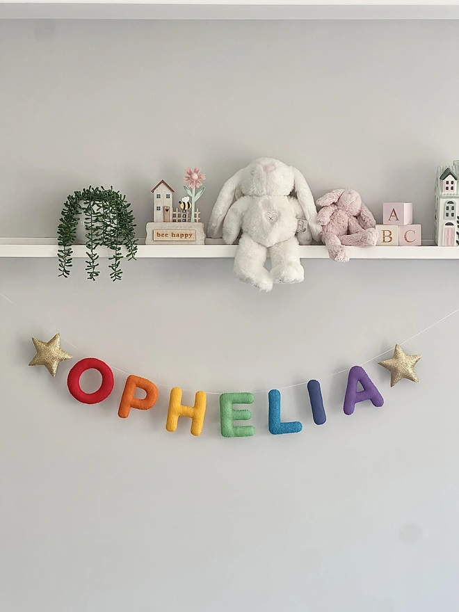 Personalised Name Garland with Stars, a colourful name garland in child’s bedroom, baby gift, nursery decoration, kids bunting 