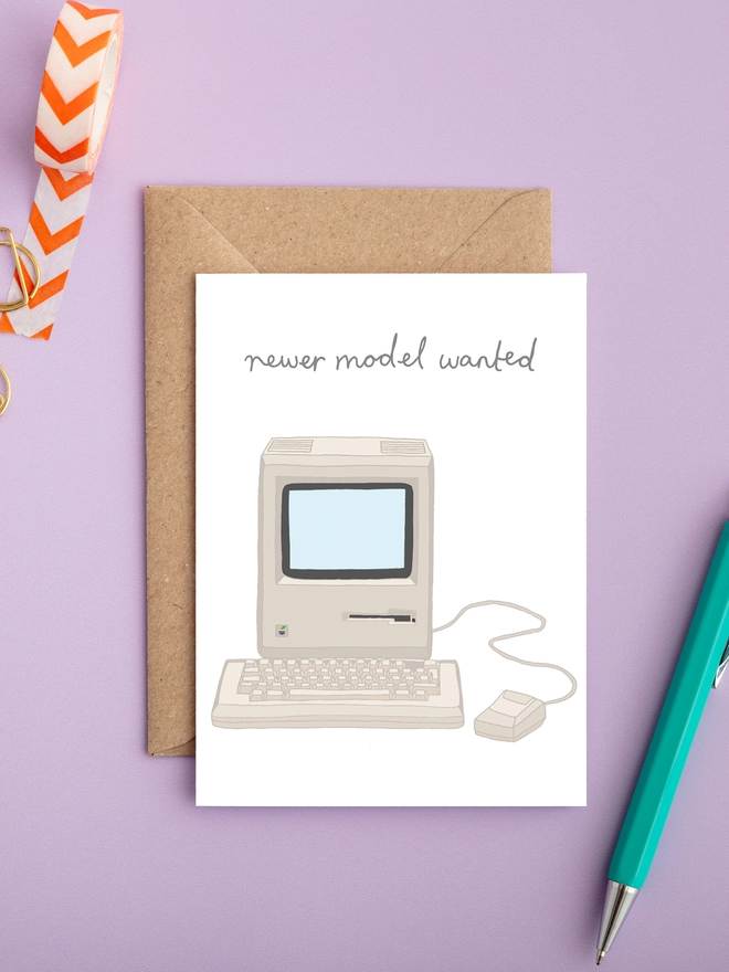 Humorous and funny gender neutral retro birthday card featuring old Mac computer 