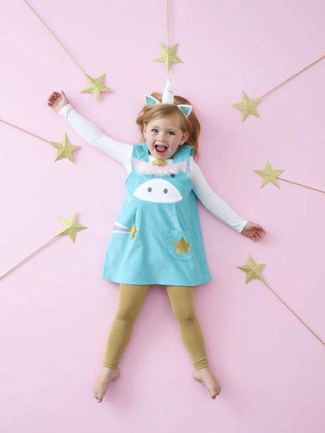 blue unicorn pinafore dress