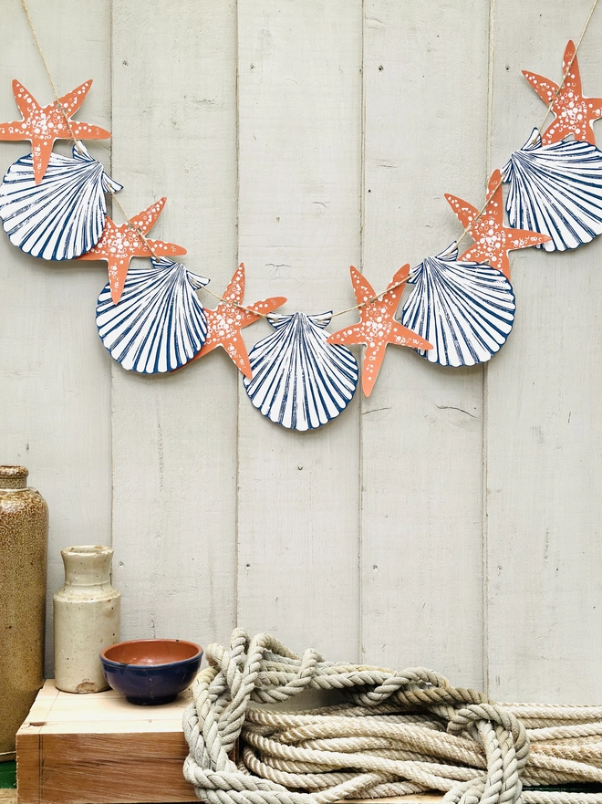 Starfish & Shell Hand Printed Linocut Garland.
