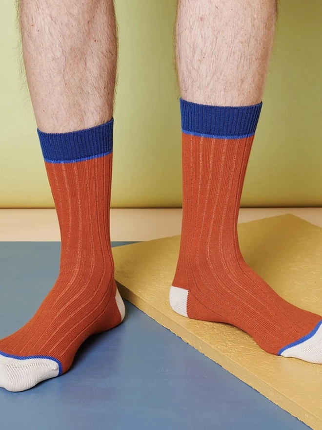 Unisex Organic Cotton Ribbed Ankle Socks, a person wearing a pair of colourful socks. 