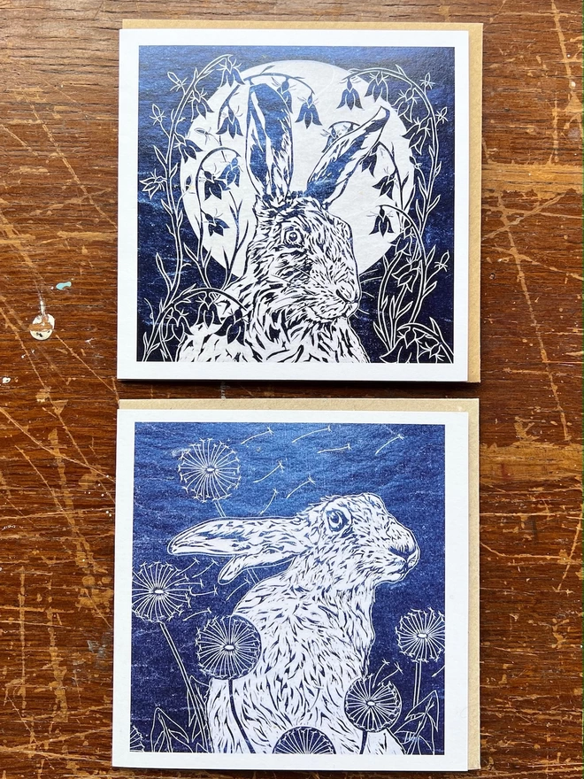 pair of hare and flower art cards