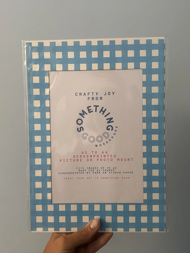 A4 Screenprinted Mount for A5 Image, in Blue Gingham
