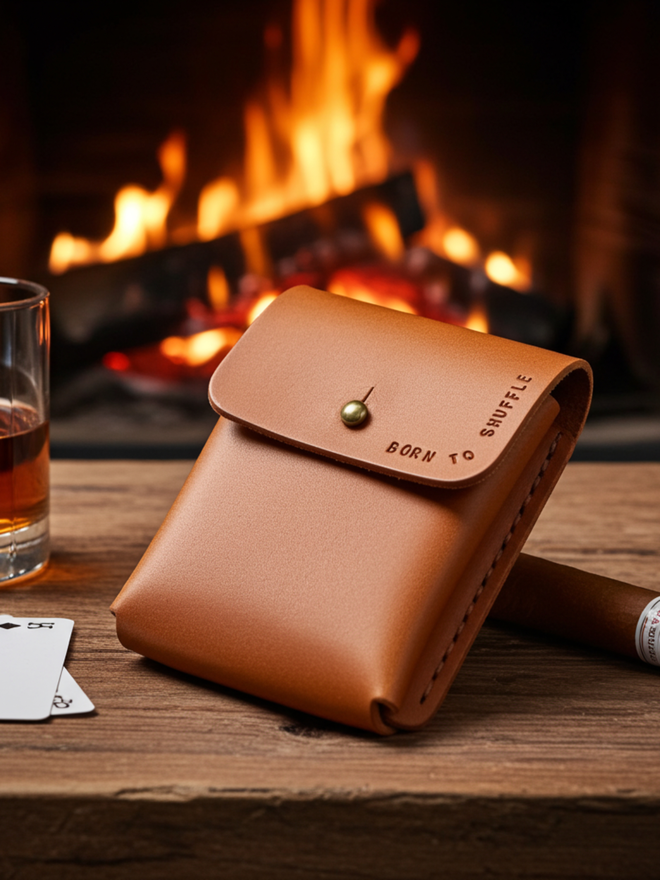 born to shuffle stamped on to a leather deck of card holder with a fire in the background.
