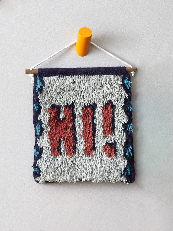 HI! Hand Latch Hooked Mint and Coral Wall Hanging 