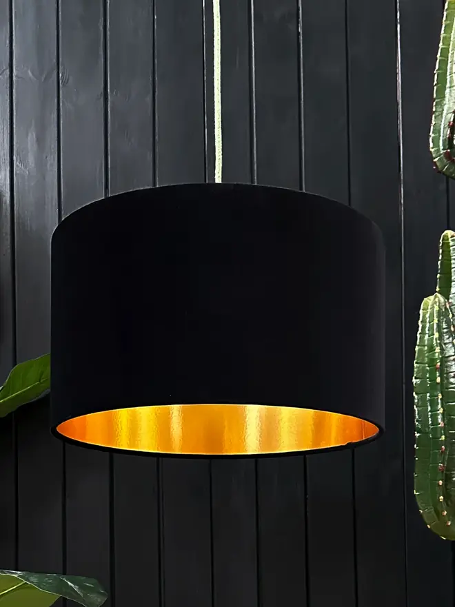 Jet Black Velvet Lampshade With Gold Foil Lining.