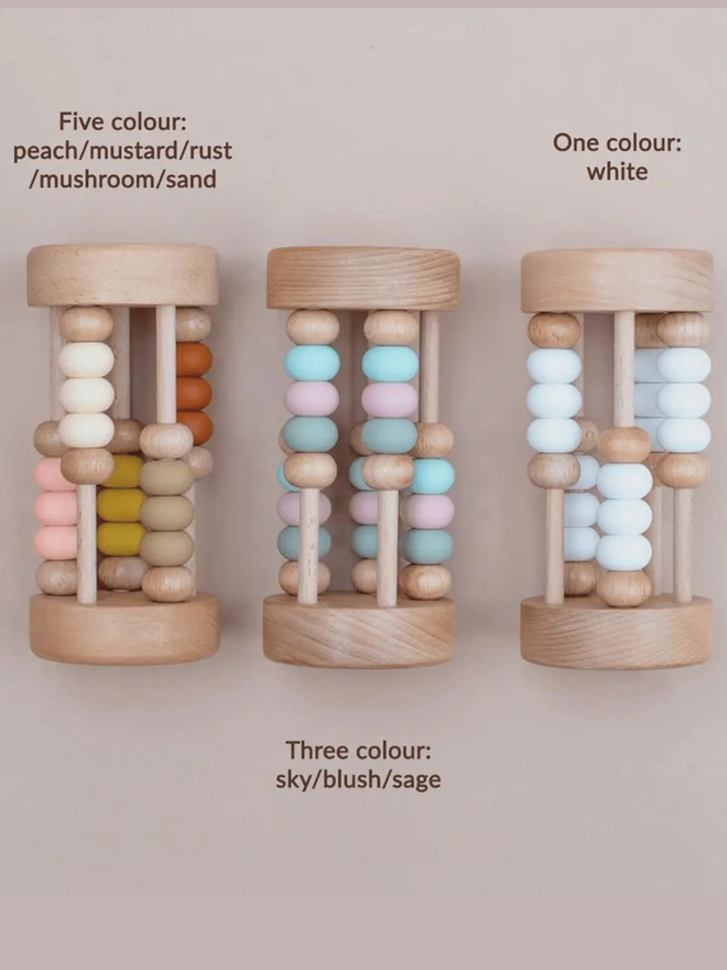 rolling wooden abacus rattle toy. wooden rattle toys with silicone and wooden abacus beads in different combination designs. 