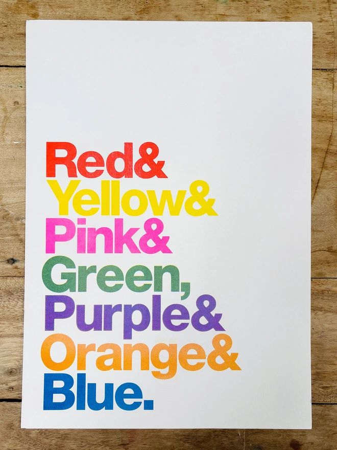 Typographic rainbow 4 colour risograph print on recycled paper