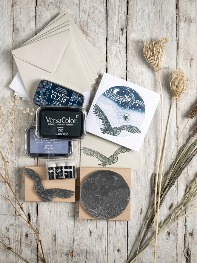 craft gift set rubber stamps owl and landscape