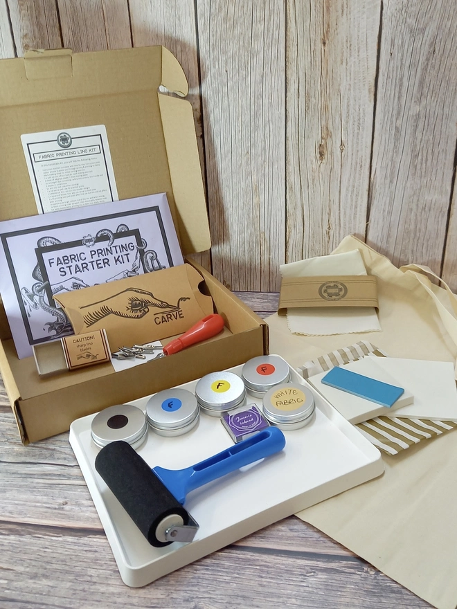 Fabric Printing Craft Kit, full kit with carving utensils unpacked. 